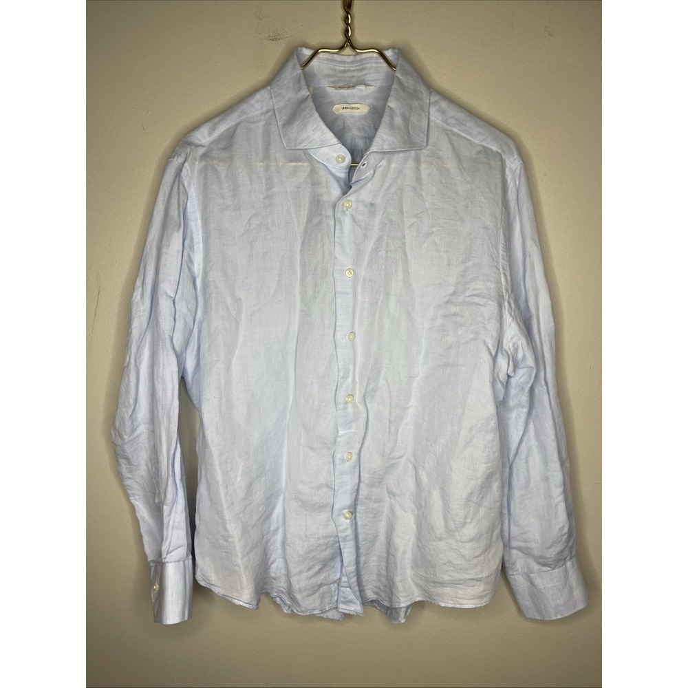 Mens Suitsupply Blue Linen Cotton Oxford 44 17.5 Extra Slim Fit